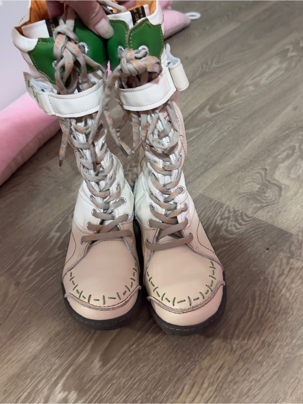 Lace-Up Women's Pink, White & Green Combat Boots with Ankle Strap